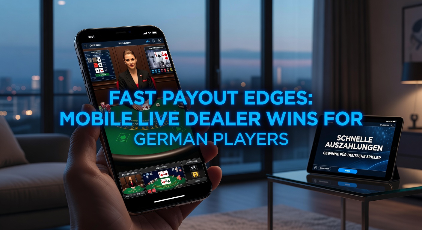 Live-Dealer-Tisch auf Mobilbildschirm mit Auszahlungsbestätigung und deutscher Flagge im Hintergrund, illustrierend schnelle Gewinnauszahlungen