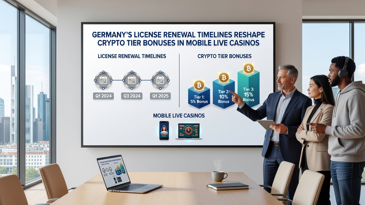 Darstellung mobiler Live-Casino-Oberflächen mit Krypto-Bonus-Tiers und Lizenzstatus