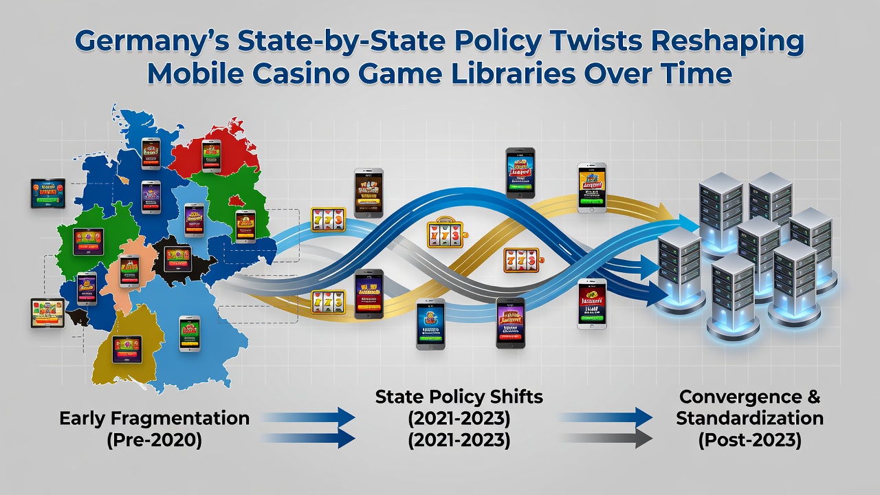 Darstellung mobiler Casino-Apps mit hervorgehobenen regionalen Spielbibliotheken und Policy-Markierungen